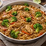 Bowl of Crazy Easy Chicken Lo Mein with colorful vegetables and chicken