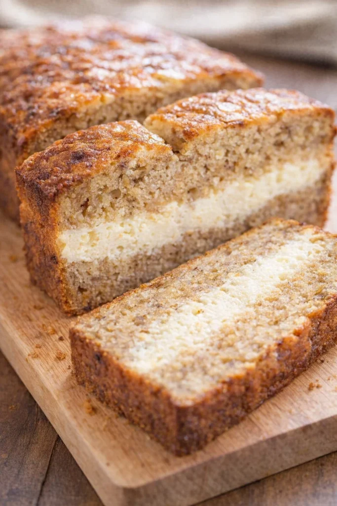 Cream Cheese-Filled Banana Bread loaf with slices on a plate