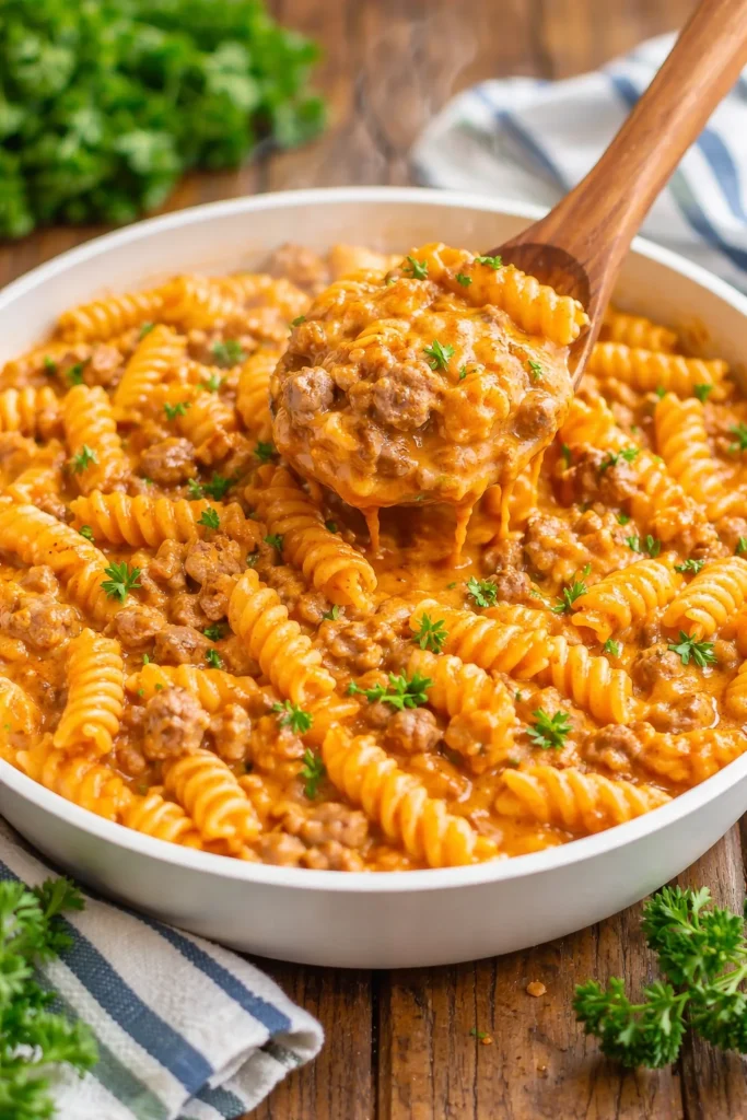 Creamy ground beef pasta served in a bowl with herbs on top