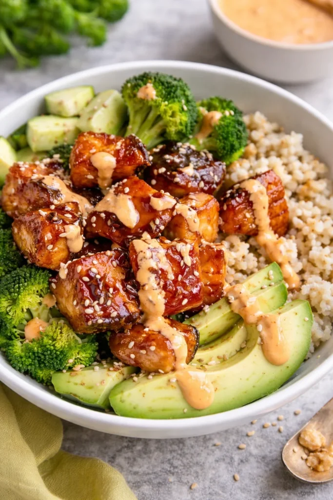 Crispy Bang Bang Salmon Bites served in a bowl, garnished with fresh herbs