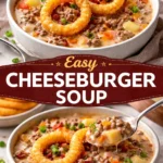 Picture of a steaming bowl of easy cheeseburger soup garnished with cheese and herbs.