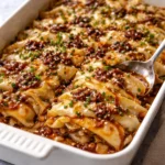 Easy Dumpling Lasagna with layers of dumplings, cheese, and savory sauce.
