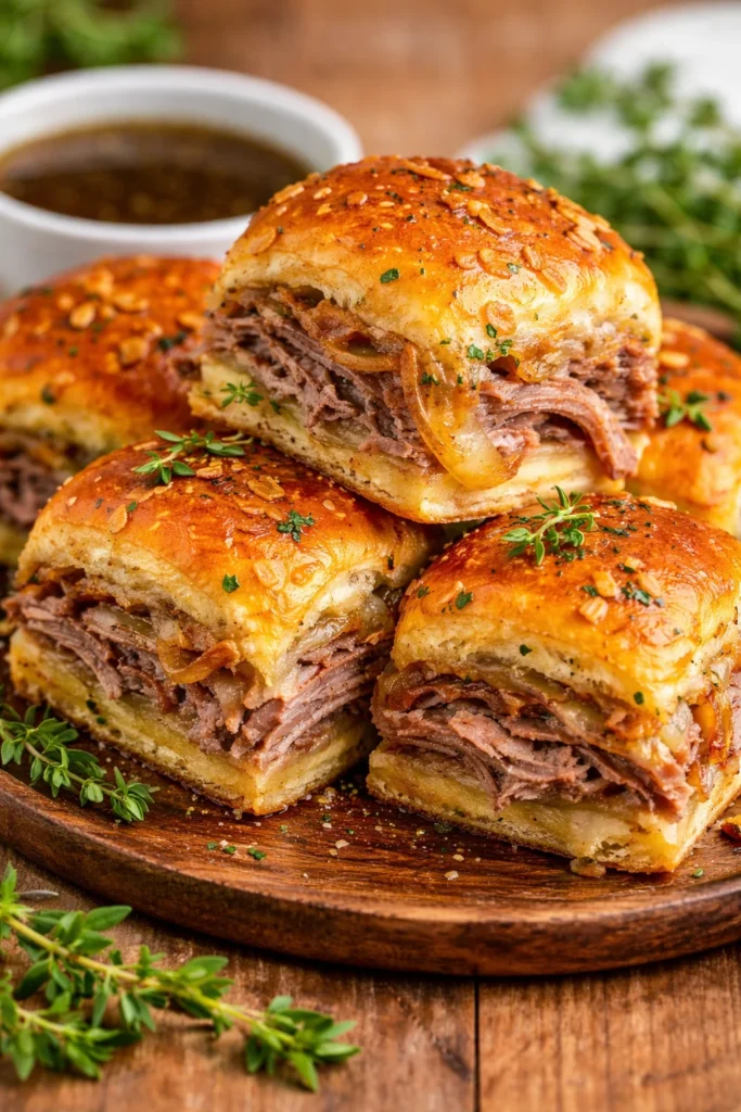 Delicious easy French dip sliders served with dipping sauce