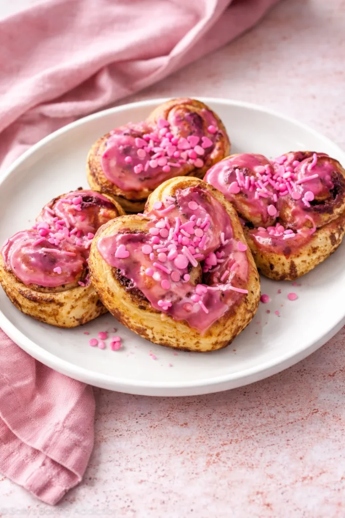 Delicious Valentine's Day breakfast featuring heart-shaped pancakes and roses.