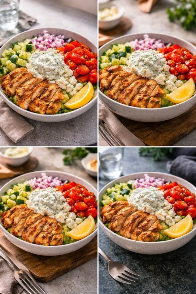 Delicious Greek Chicken Bowls with fresh veggies and flavorful sauce