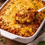 Hearty ground beef casserole with cheese and vegetables baked to perfection