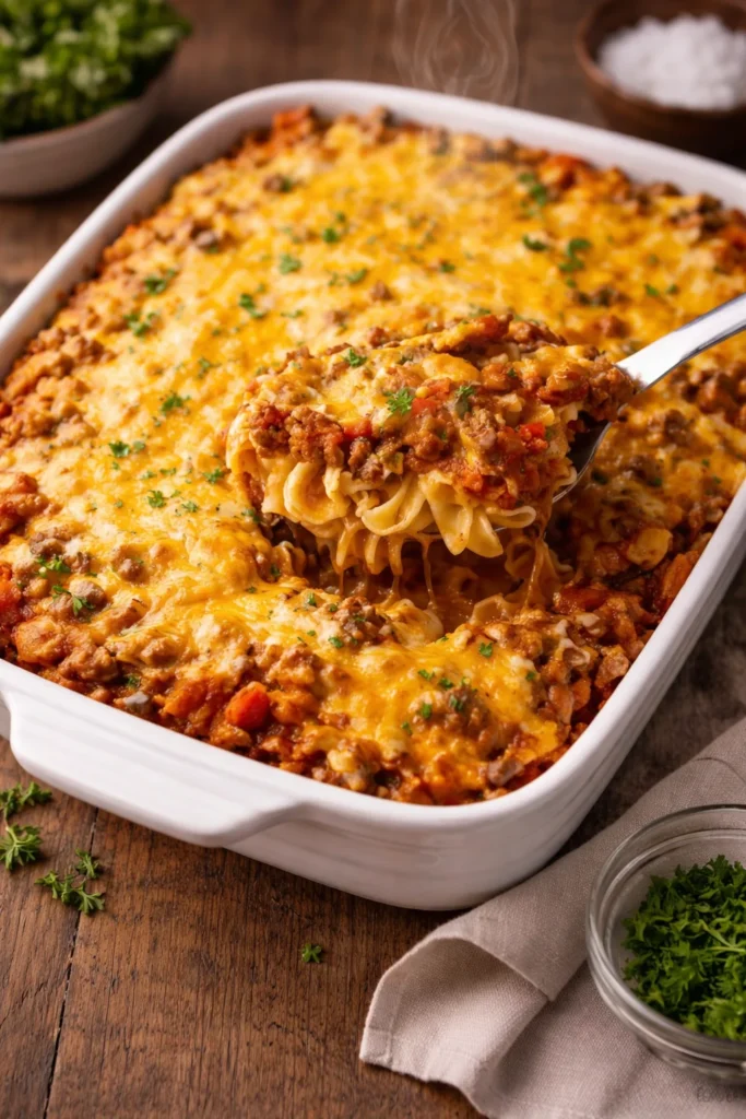 Hearty ground beef casserole with cheese and vegetables baked to perfection