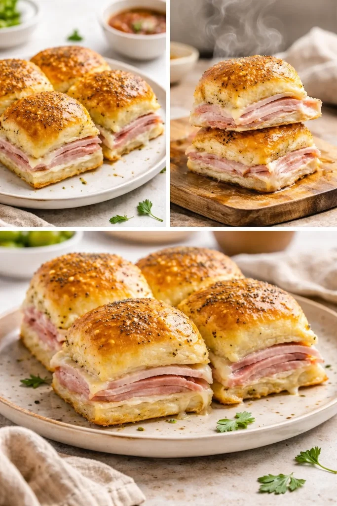 Delicious homemade ham and cheese sliders served on a platter