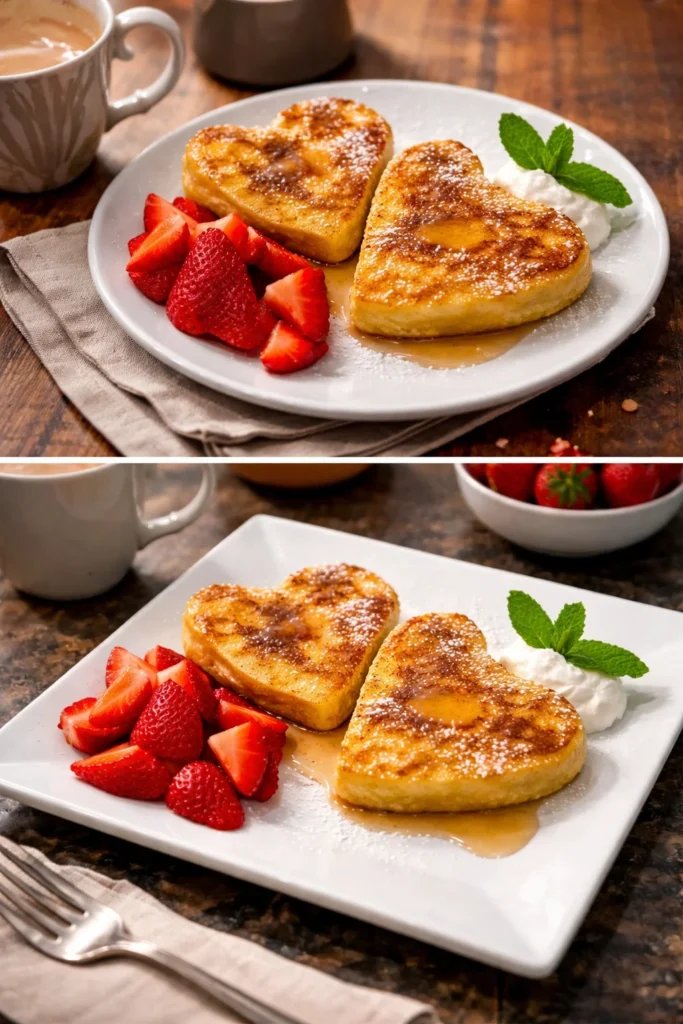 Heart-shaped French Toast topped with syrup and berries