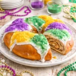 Homemade King Cake with colorful icing and festive decorations