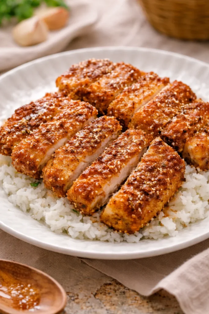 Delicious honey garlic crispy chicken served with a side of vegetables.