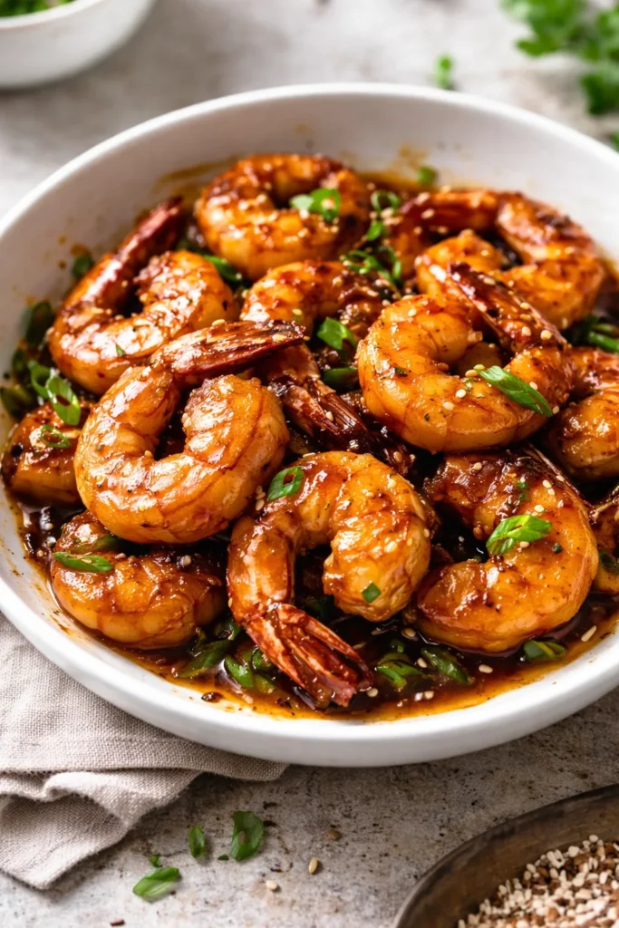Plate of honey garlic shrimp served with vegetables and rice