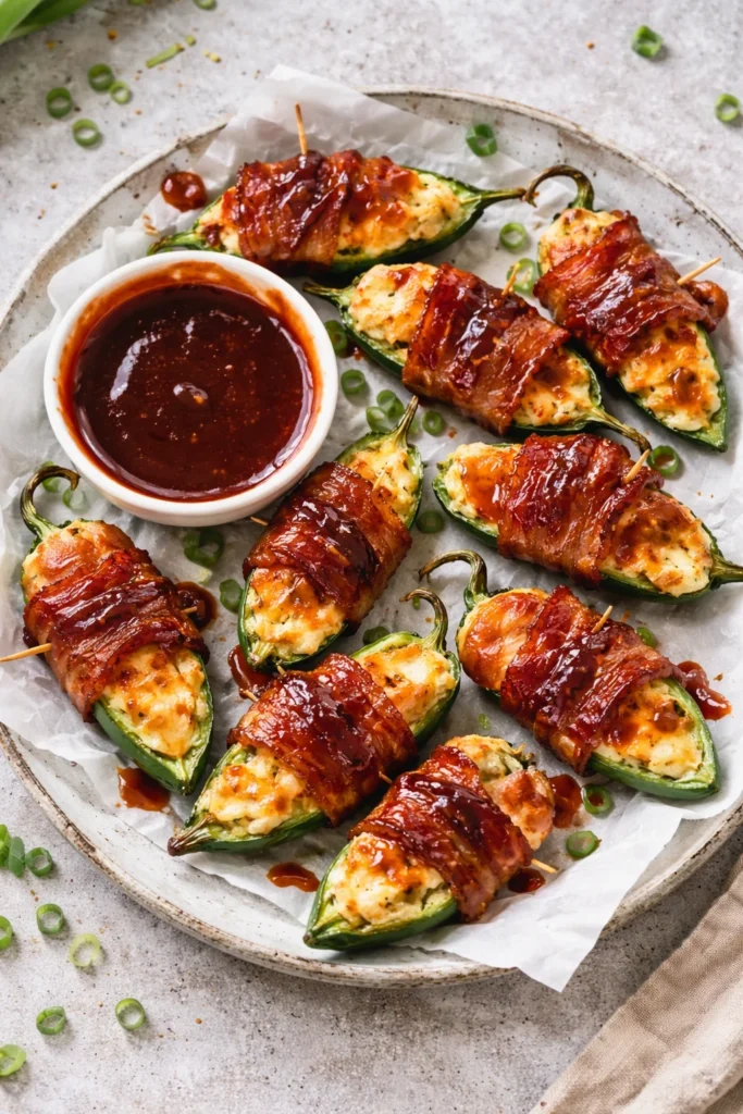 Delicious jalapeno poppers filled with cheese and spices, served as appetizers.