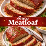 Delicious slice of juicy meatloaf served on a plate with vegetables