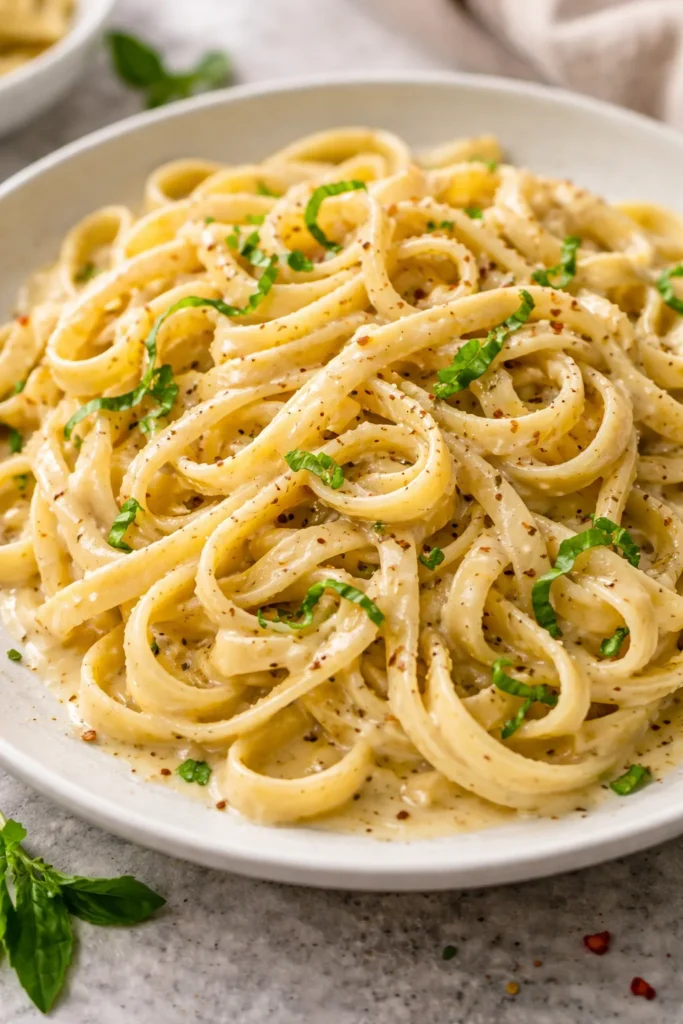 Delicious one-pot garlic pasta recipe topped with fresh herbs and cheese.