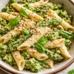 One pot penne with creamy basil garlic sauce topped with fresh basil