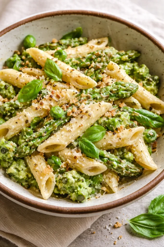 One pot penne with creamy basil garlic sauce topped with fresh basil