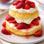 Delicious strawberry shortcake topped with fresh strawberries and whipped cream