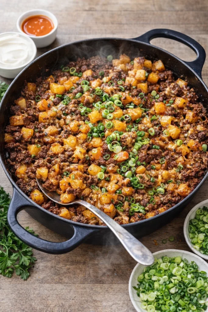Delicious one pan dinner with ground beef and potatoes