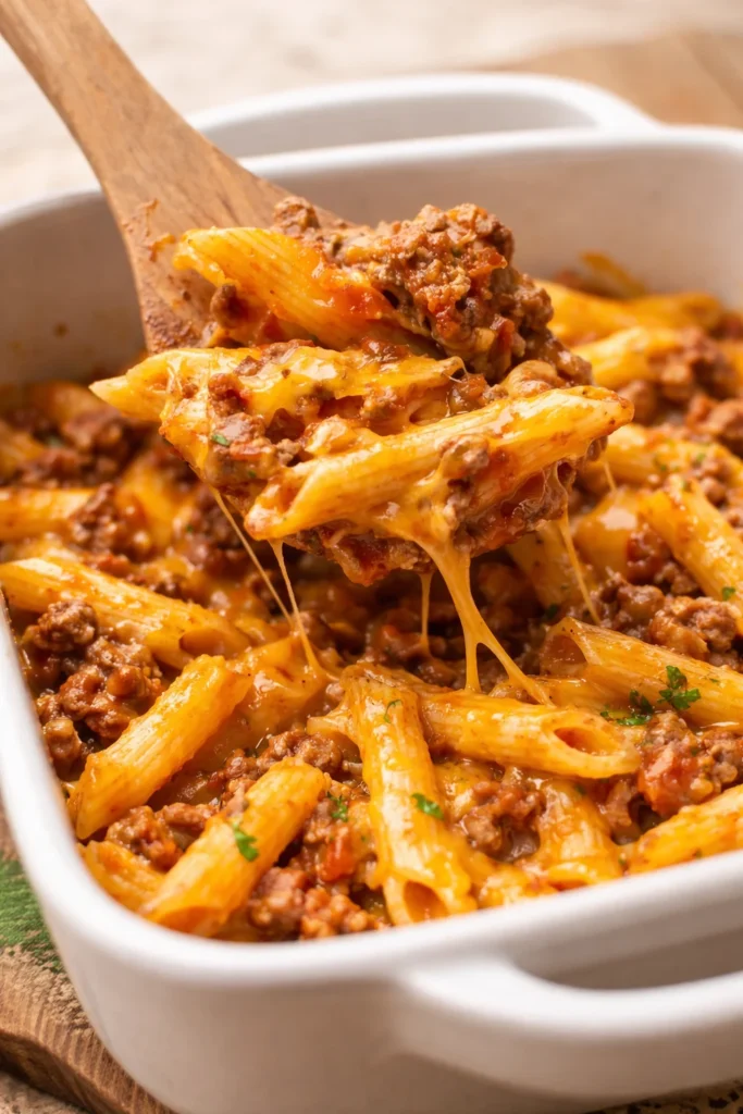 Delicious homemade ground beef casserole served in a baking dish with cheese topping.