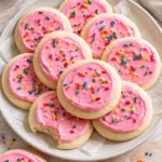 Delicious soft frosted sugar cookies with colorful icing on a plate.