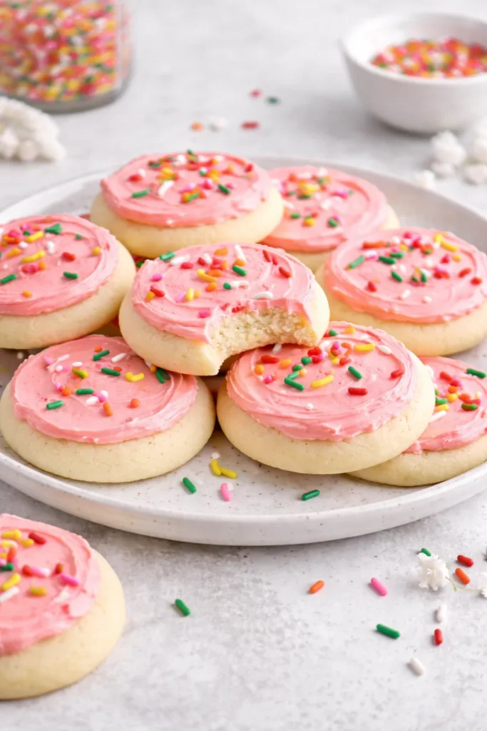 Plate of soft frosted sugar cookies with colorful icing decorations