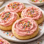Soft frosted sugar cookies with colorful icing on a plate