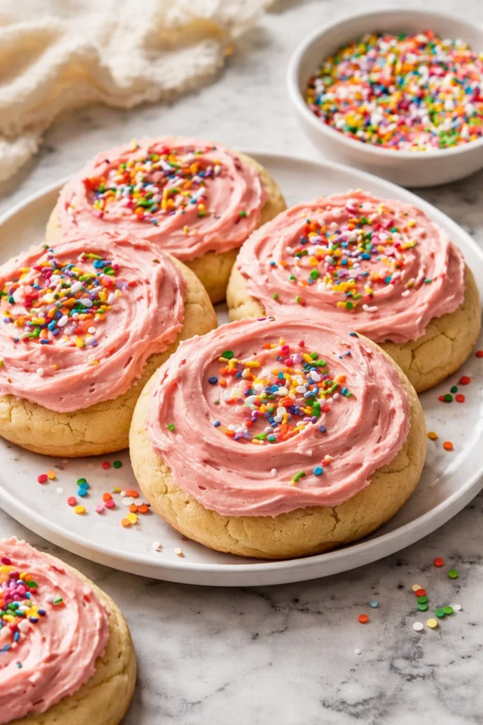 Soft frosted sugar cookies with colorful icing on a plate