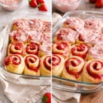 Freshly baked strawberry cinnamon rolls topped with icing and strawberries