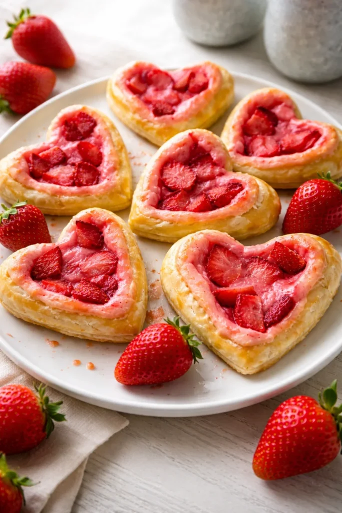 Strawberry Cream Cheese Heart Danishes on a rustic wooden table