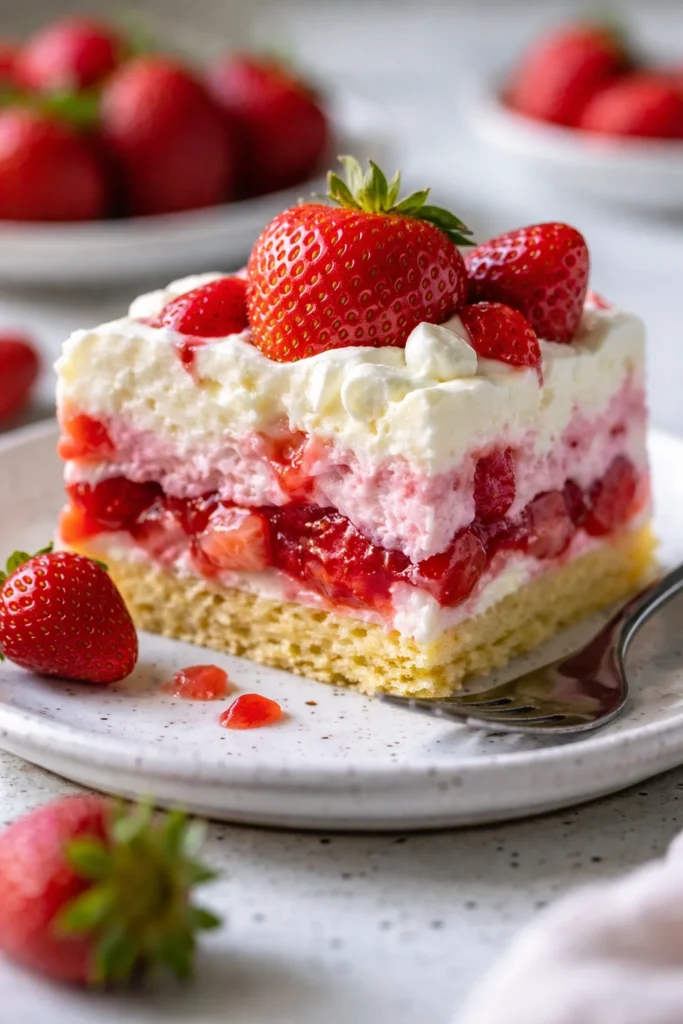 Slice of Strawberry Earthquake Cake topped with fresh strawberries and icing