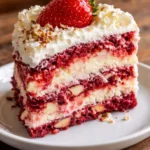 Sliced Strawberry Earthquake Cake with cream cheese and strawberries