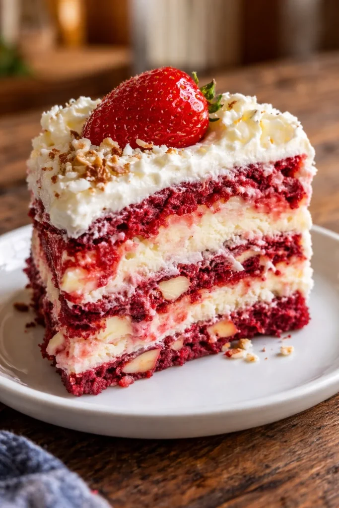 Sliced Strawberry Earthquake Cake with cream cheese and strawberries
