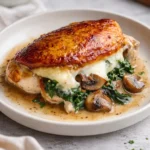 Stuffed chicken breasts filled with mushroom and spinach, garnished and plated.