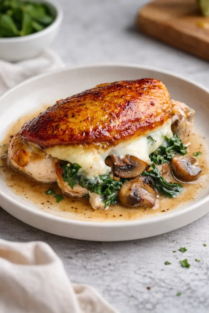 Stuffed chicken breasts filled with mushroom and spinach, garnished and plated.