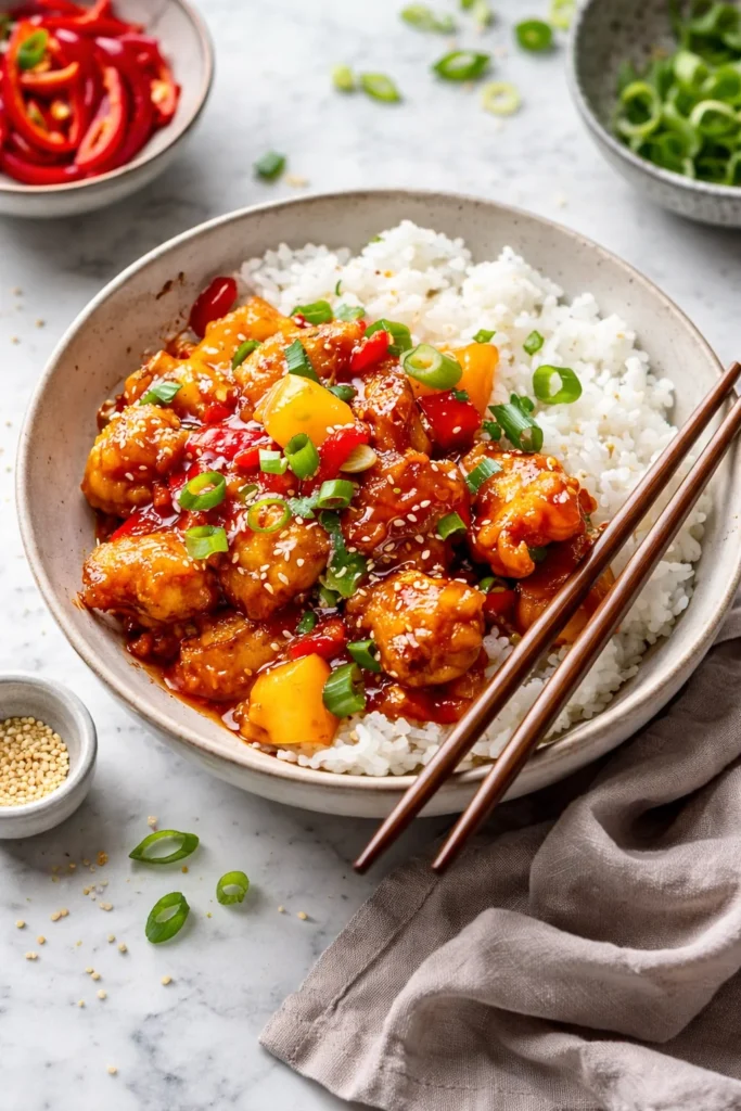Delicious sweet and sour chicken served with colorful vegetables