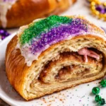 Traditional Louisiana King Cake decorated with colorful icing for Mardi Gras celebration