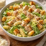 Delicious Chicken Caesar Pasta Salad served in a bowl, ready to enjoy.