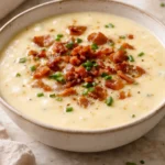 Delicious creamy baked potato soup garnished with cheese and bacon.