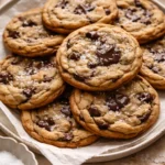 Delicious brown butter chocolate chip cookies freshly baked and served warm.