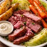 Plate of corned beef and cabbage, a traditional Irish dish served with potatoes