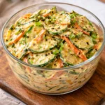 Creamy Asian cucumber salad bowl with colorful vegetables and dressing