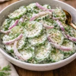 Creamy cucumber salad with fresh ingredients in a serving bowl