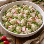 Creamy herby potato salad garnished with herbs in a bowl