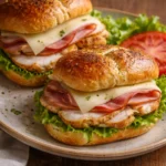 Grilled chicken cordon bleu sandwich with melted cheese and ham on a toasted bun