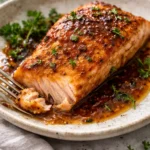 Honey Garlic Salmon served with vegetables on a plate