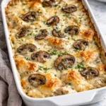 Keto Garlic Mushroom Chicken Casserole served in a baking dish