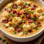 Bowl of creamy Keto Loaded Cauliflower Soup topped with bacon and cheese