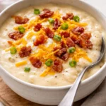 Creamy loaded baked potato soup with toppings like cheese and bacon.