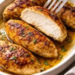 Juicy oven baked chicken breast served with herbs and spices